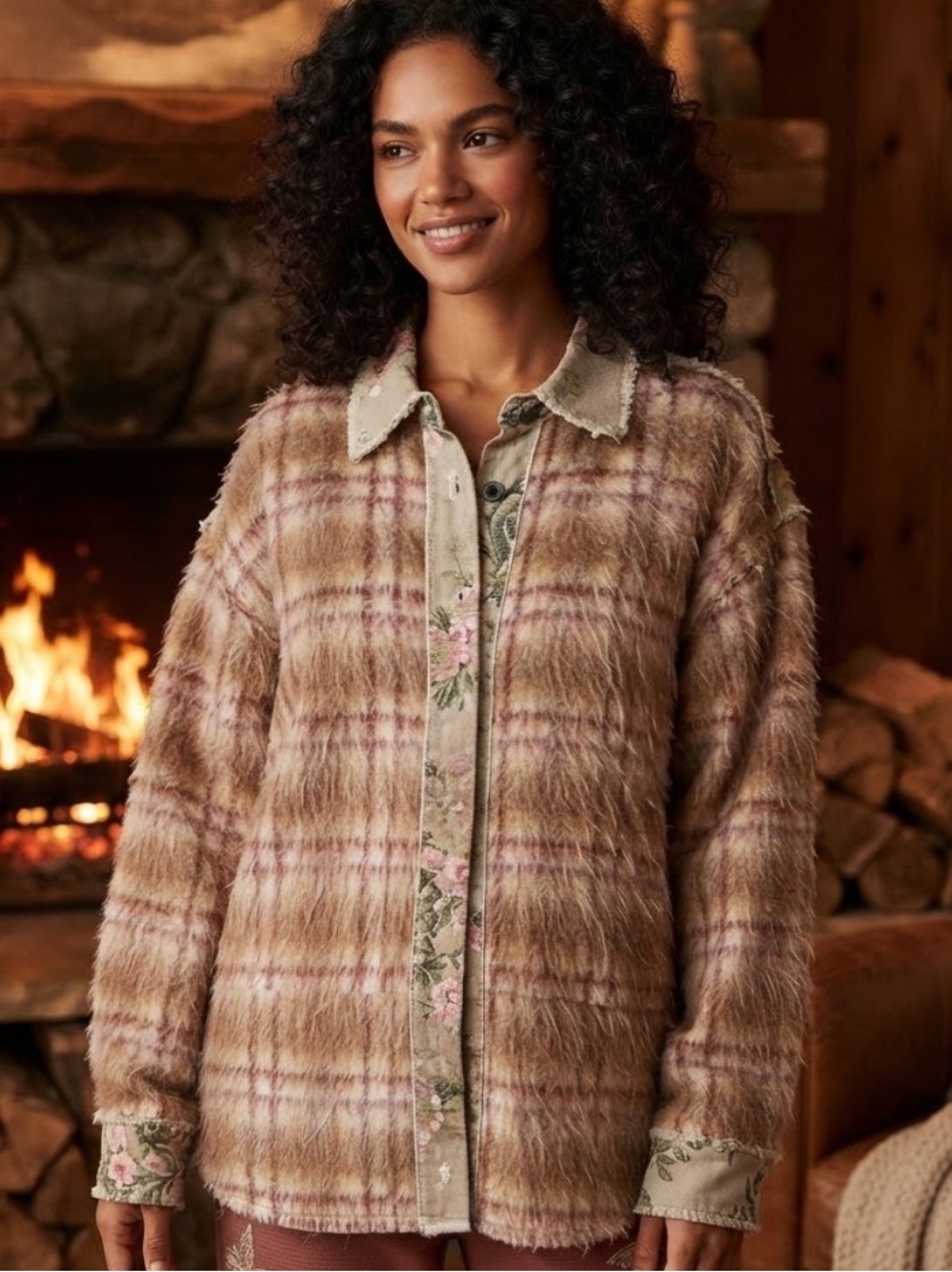 💕Coming Soon! POL Women’s Plaid Mohair Shacket in Beige and Pink